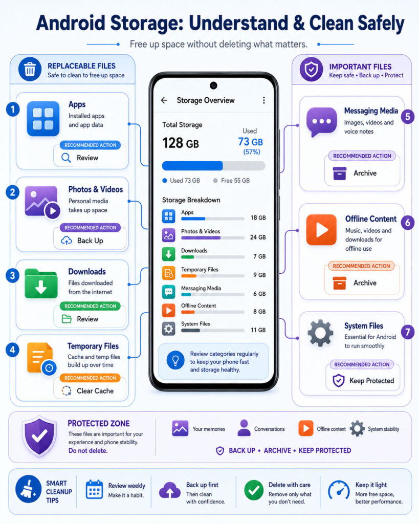Safe Android storage cleanup checklist showing backup junk files downloads large videos app cache and archived apps