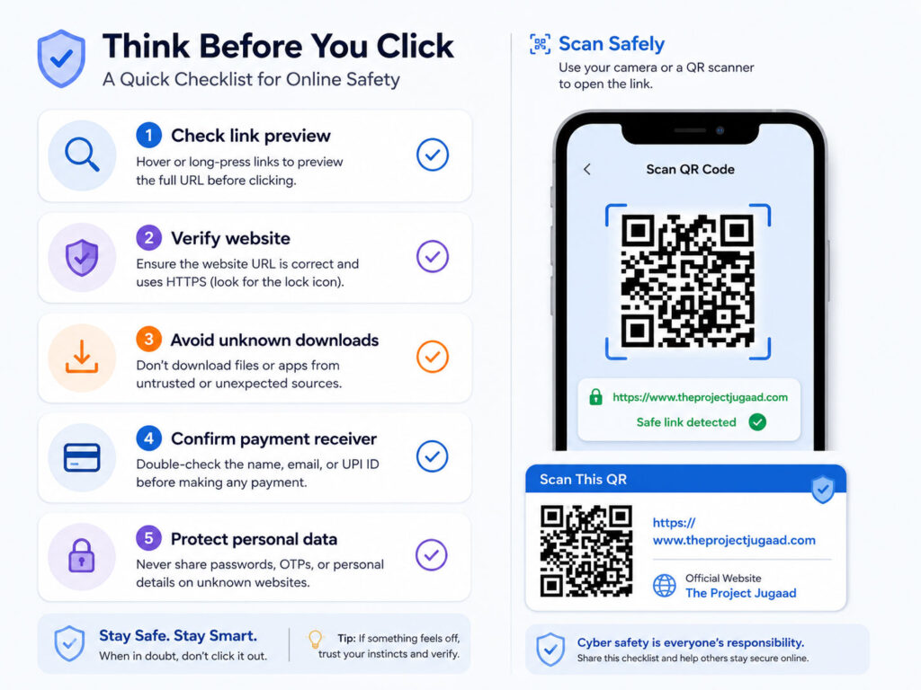 Safe QR code scanning checklist showing link preview official website payment verification and privacy safety