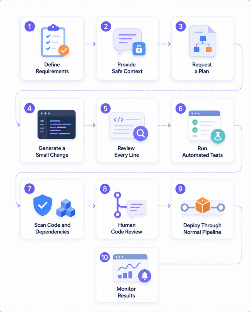 Secure AI coding workflow showing requirements safe context code generation review testing scanning and human approval