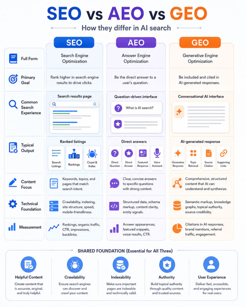 SEO AEO GEO comparison showing goals results content structure technical requirements measurement and shared foundations