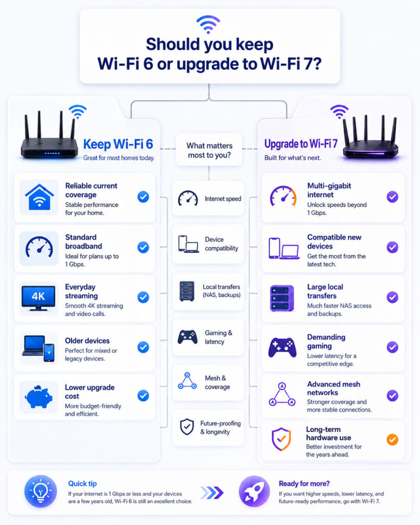 Wi-Fi 7 upgrade decision guide showing internet speed device compatibility local transfers mesh coverage and Wi-Fi 6 suitability
