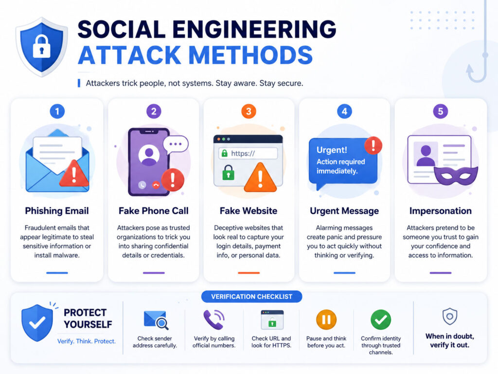 Social Engineering attack methods showing phishing fake calls urgent messages and trust based scams