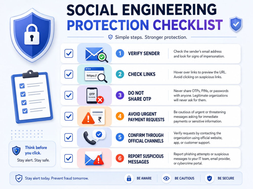 Social Engineering protection checklist showing verify sender avoid OTP sharing check links and report scams