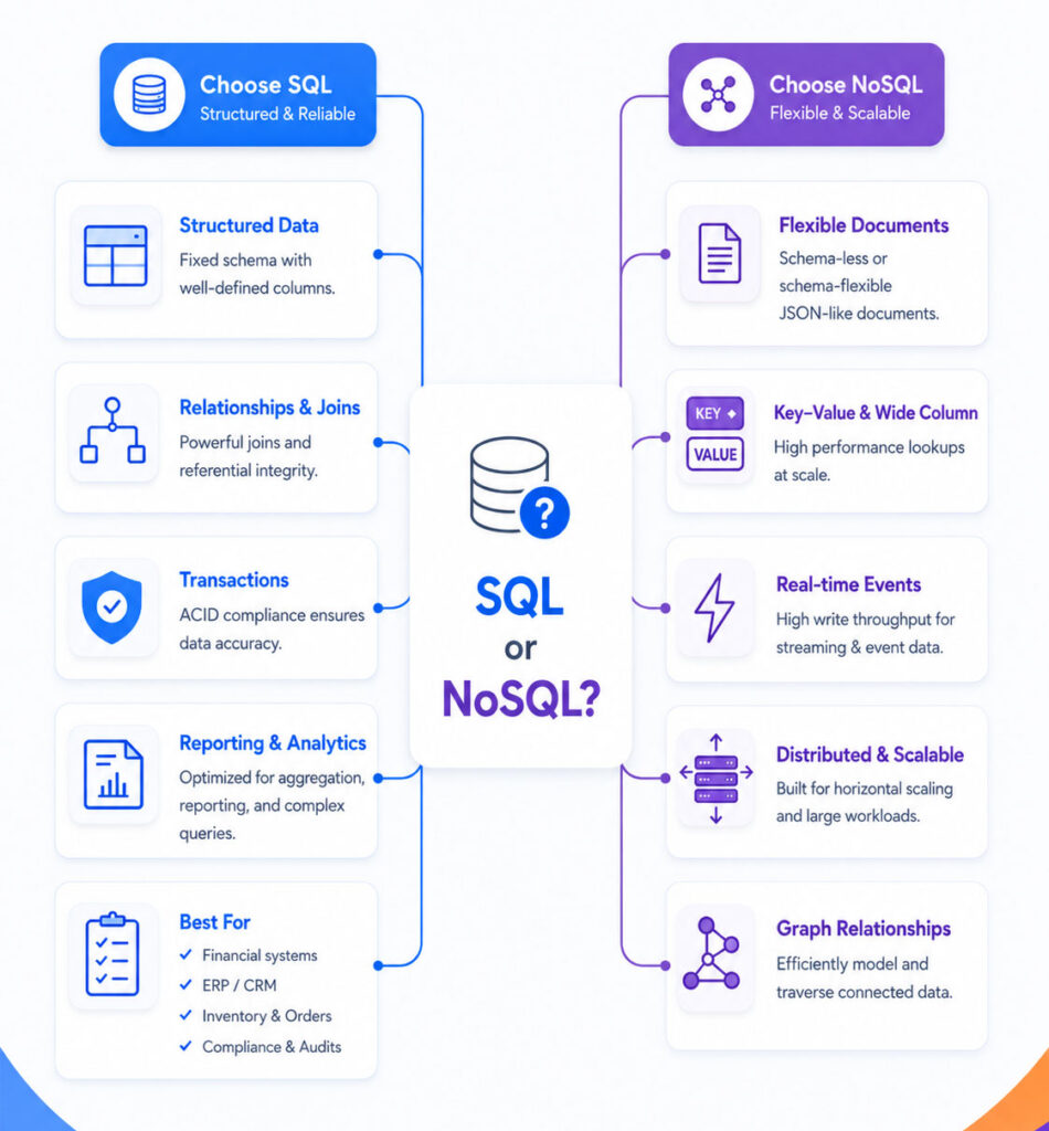 SQL or NoSQL decision guide showing SQL for transactions and NoSQL for flexible distributed data