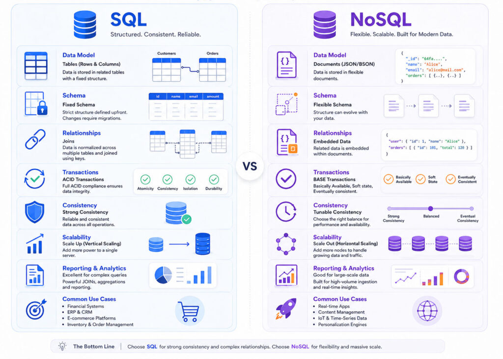 SQL vs NoSQL database comparison showing data models schema relationships consistency scaling and suitable workloads