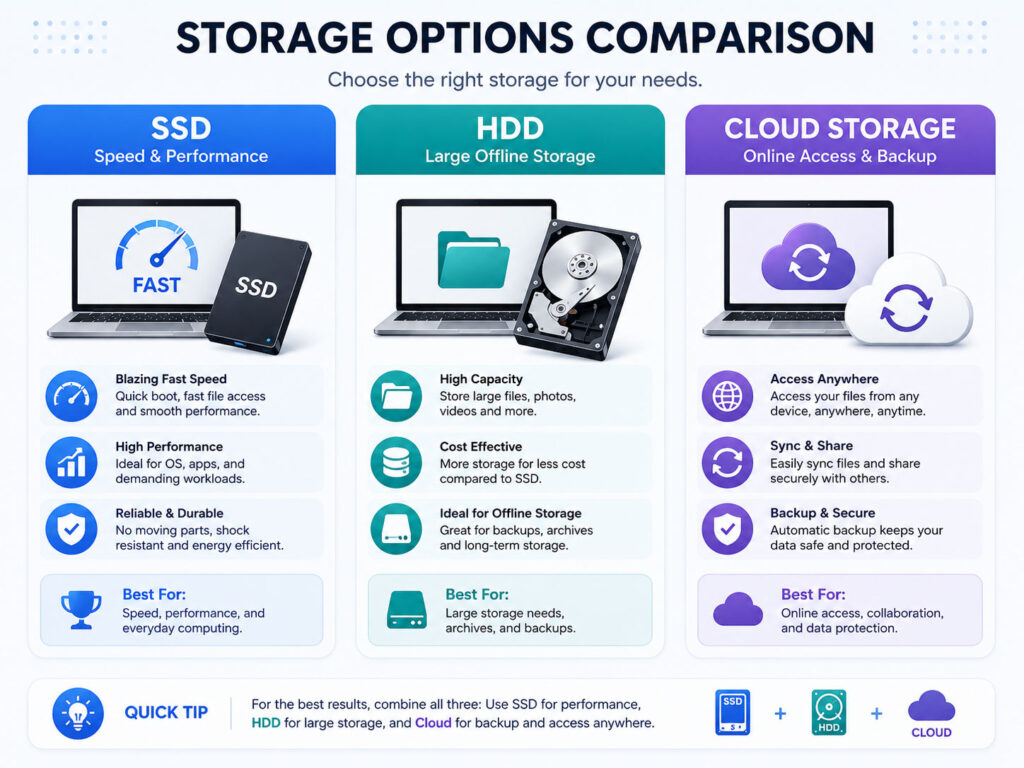 SSD vs HDD vs Cloud Storage comparison showing speed capacity online access and backup options