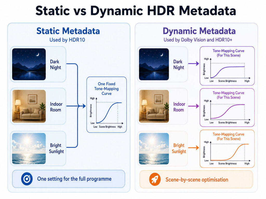 Static HDR10 metadata compared with dynamic Dolby Vision and HDR10+ metadata