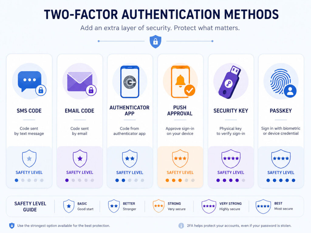 Two-Factor Authentication methods showing SMS code authenticator app security key and passkey
