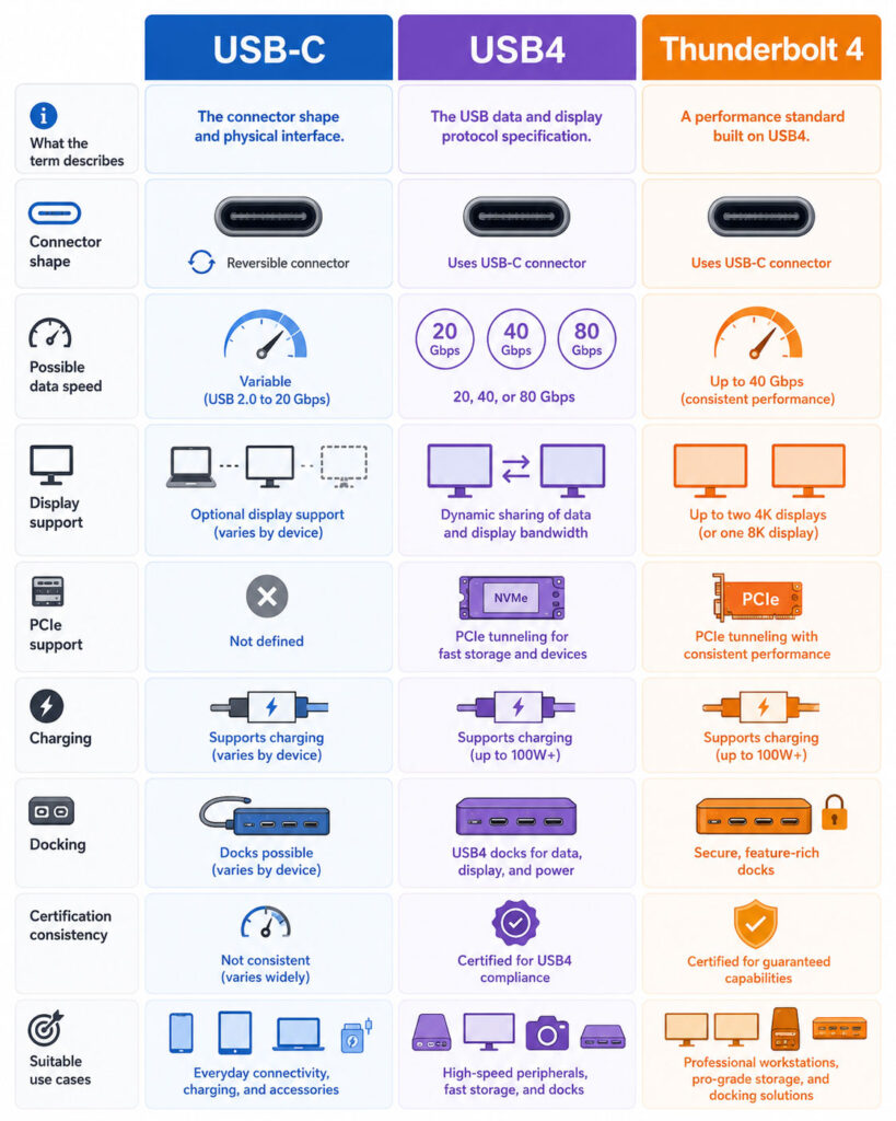 USB-C USB4 Thunderbolt 4 comparison showing connector speed displays PCIe charging docks certification and use cases