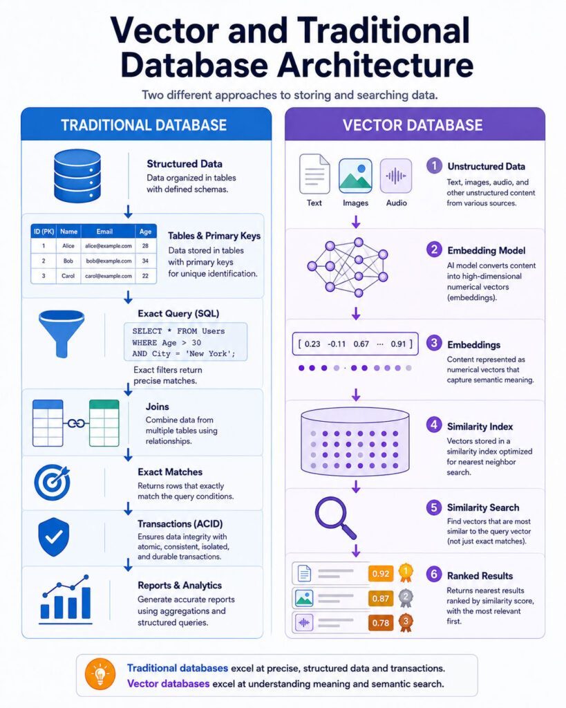 Vector database vs traditional database architecture and query comparison