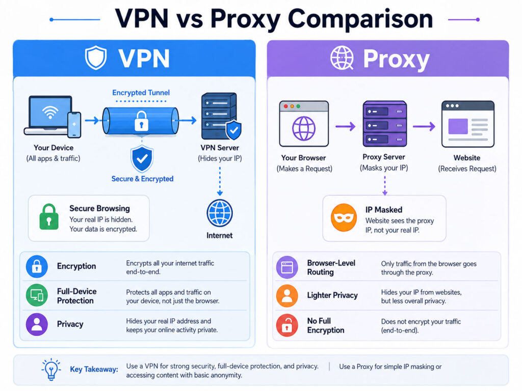 VPN vs Proxy comparison showing encrypted VPN connection and proxy server routing