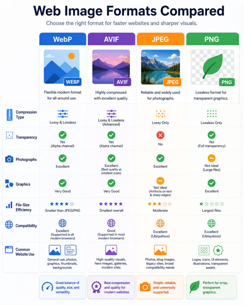 WebP vs AVIF vs JPEG vs PNG image format feature comparison