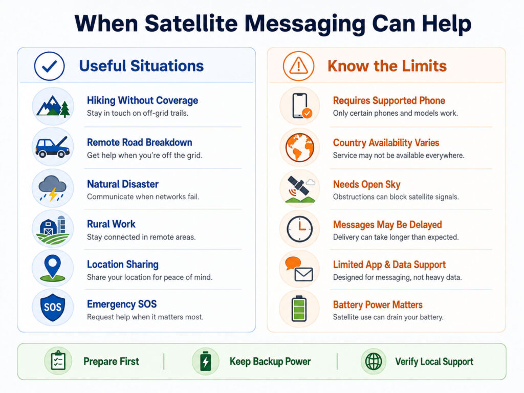 Situations where satellite messaging helps and its main limitations