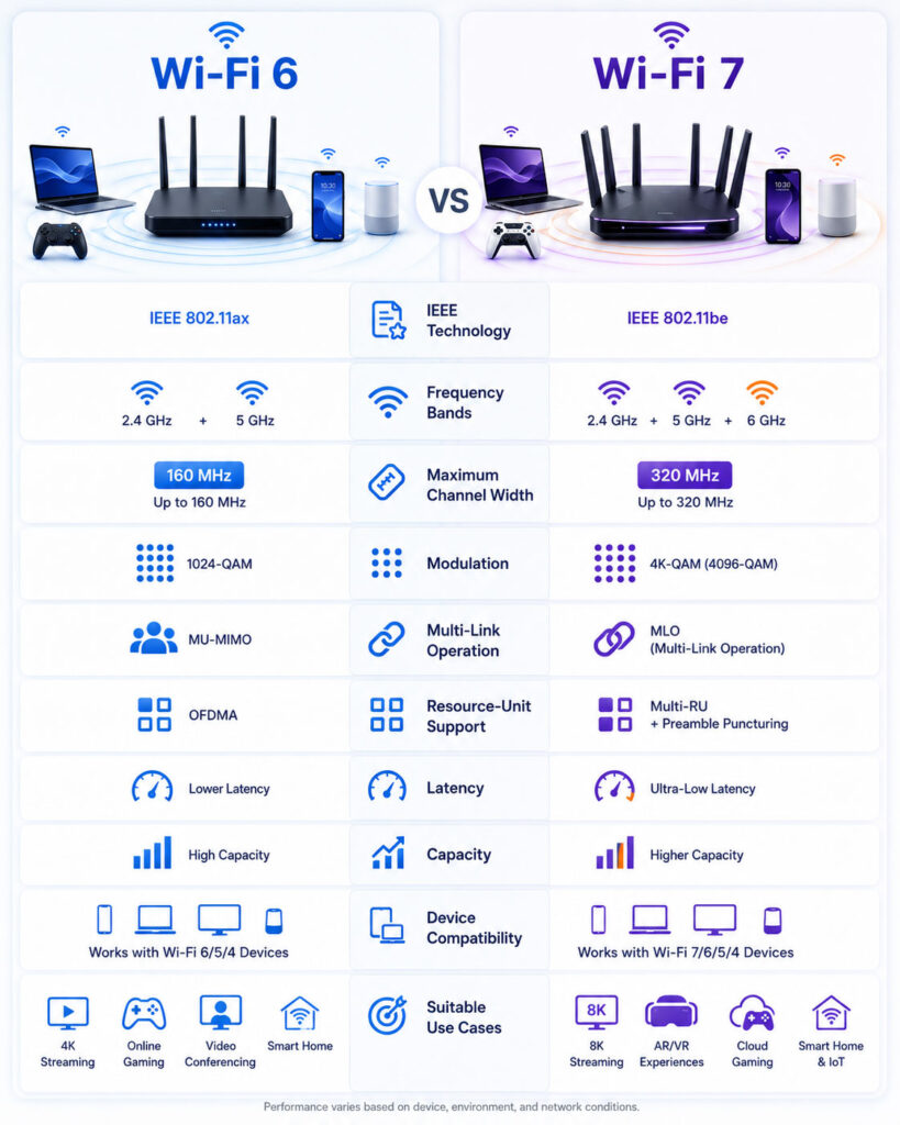 Wi-Fi 6 vs Wi-Fi 7 comparison showing frequency bands 160 and 320 MHz channels QAM MLO latency and use cases