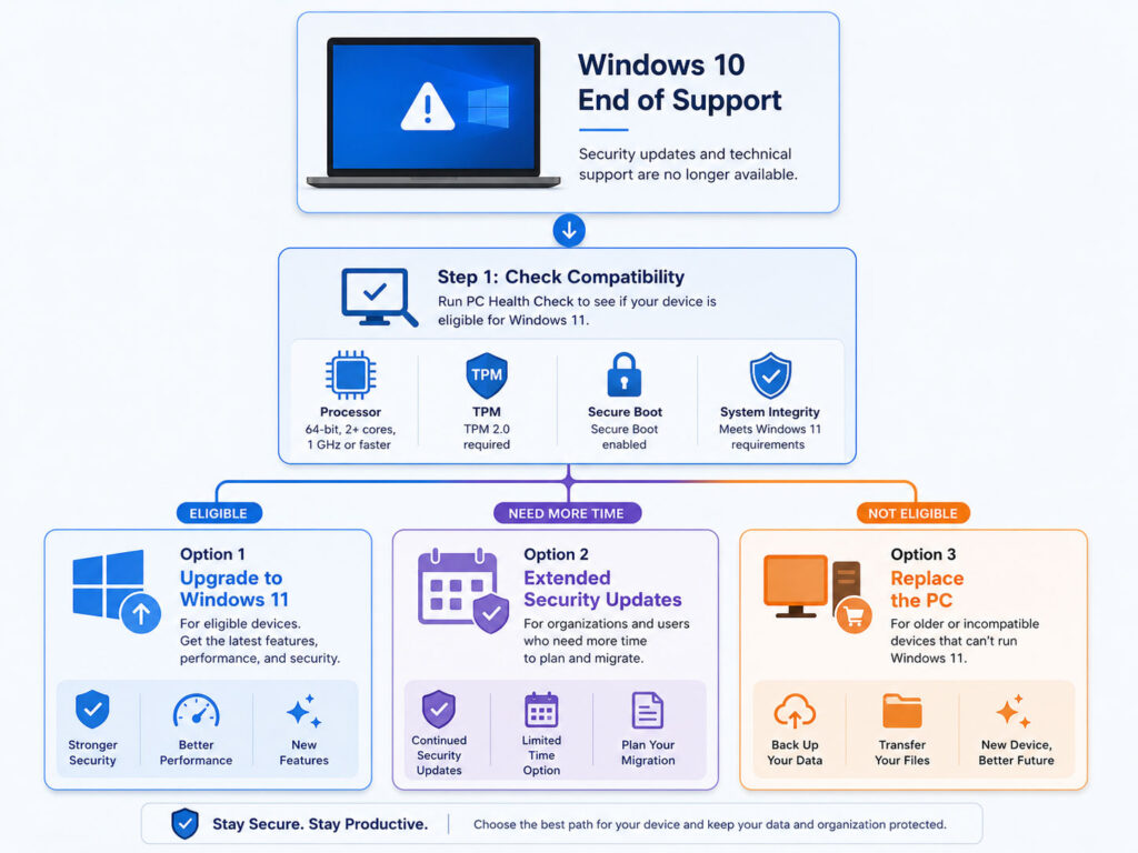Windows 10 end of support options showing Windows 11 upgrade Extended Security Updates and PC replacement