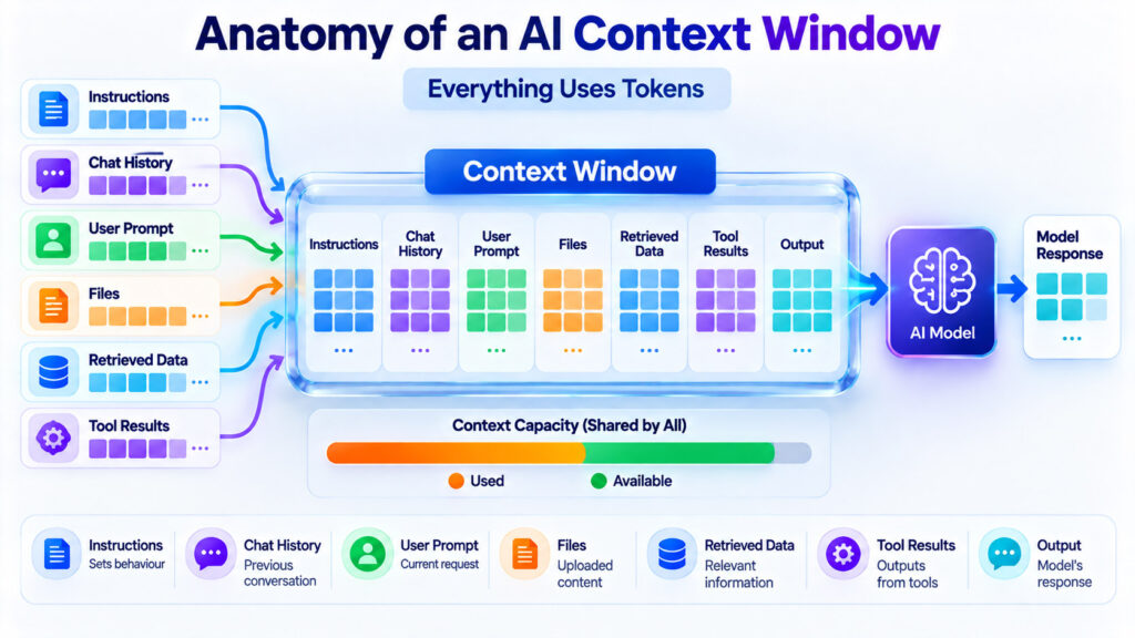 AI context window diagram showing system instructions, conversation history, user prompt, files, retrieved information, tool results, and output tokens