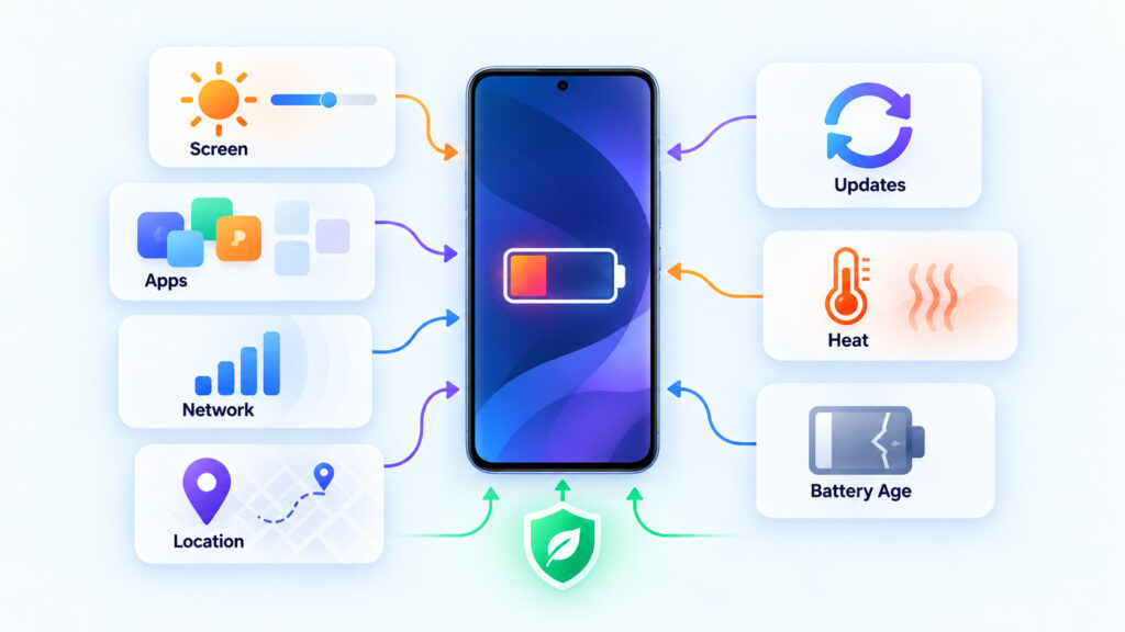 Android battery drain diagnostic diagram showing screen, apps, network, location, updates, heat, and battery ageing