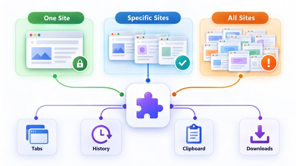 Browser extension permission diagram showing access to one site, specific websites, all sites, tabs, history, and clipboard data