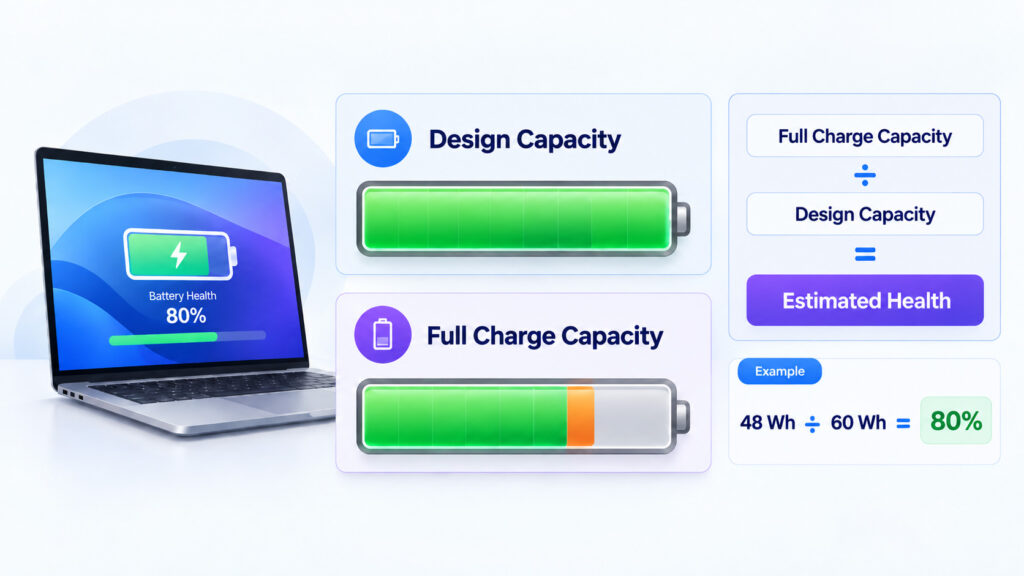 Laptop battery health diagram comparing original design capacity with current full charge capacity