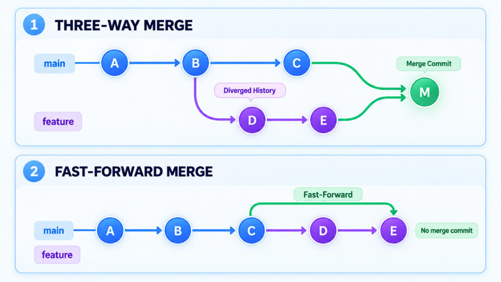 Git merge diagram showing feature and main branches joining through a merge commit and a separate fast-forward merge example