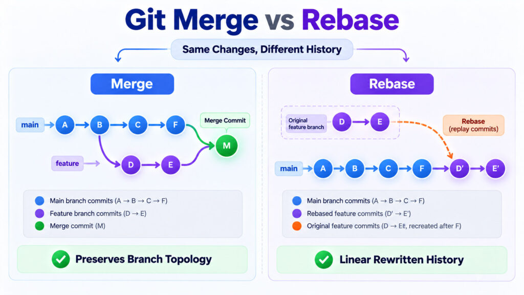 Side-by-side Git commit graph showing merge preserving branch topology and rebase creating new commits in a linear history