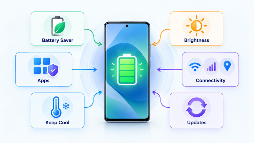 Android battery optimisation diagram showing Battery Saver, lower brightness, app optimisation, cooler temperature, network control, and software updates