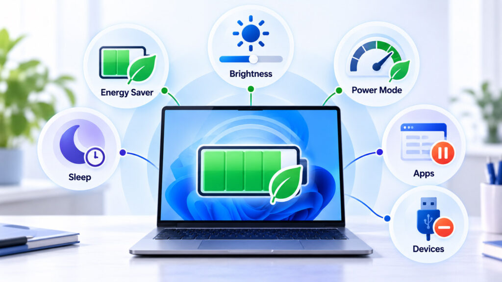 Windows 11 laptop battery optimisation diagram showing Energy Saver, brightness, power mode, sleep, apps, and charging settings