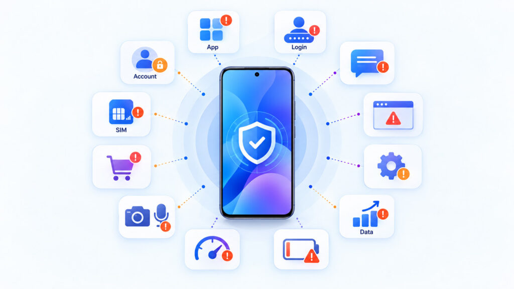 Smartphone security diagram showing warning signs such as unknown apps, suspicious logins, pop-ups, unusual data use, and account changes