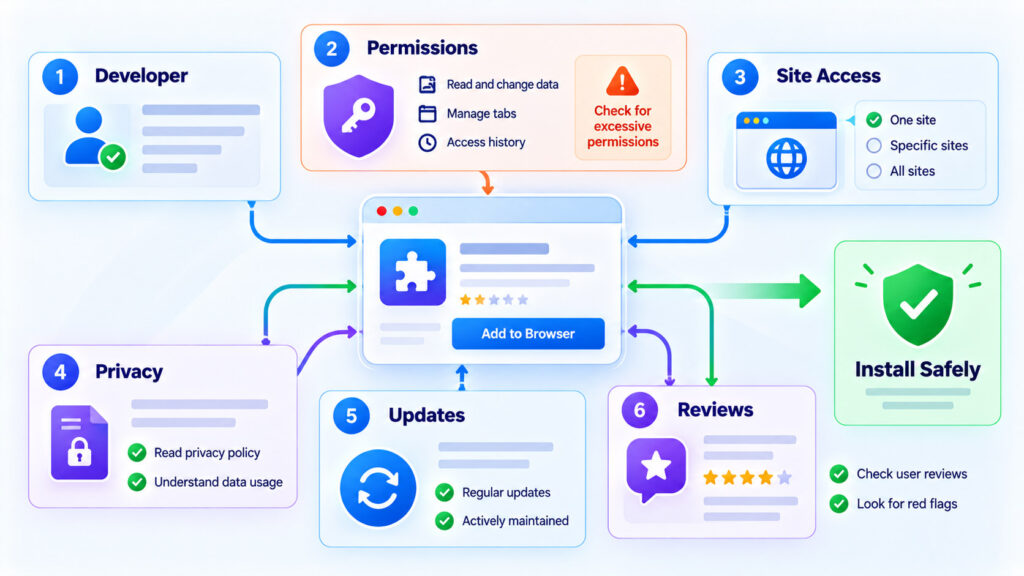 Browser extension safety checklist showing developer verification, permissions, site access, privacy policy, maintenance, and user reviews