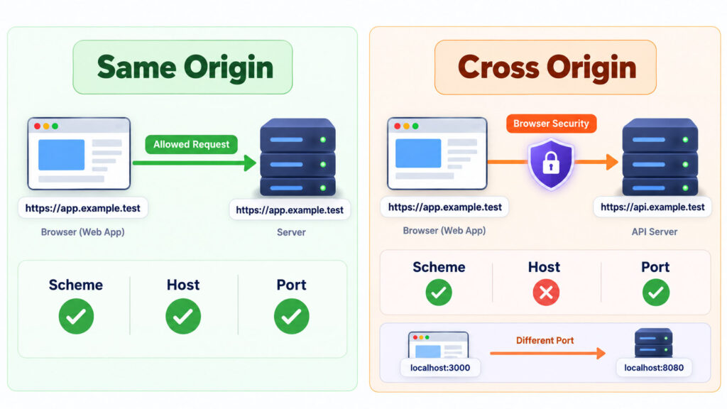 Diagram comparing same-origin browser requests with cross-origin API requests based on scheme host and port