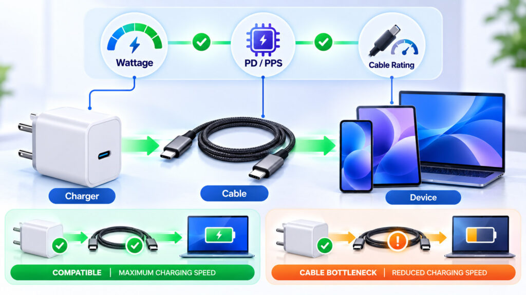 Diagram showing USB-C charger, cable, phone, tablet, and laptop as parts of one charging compatibility path
