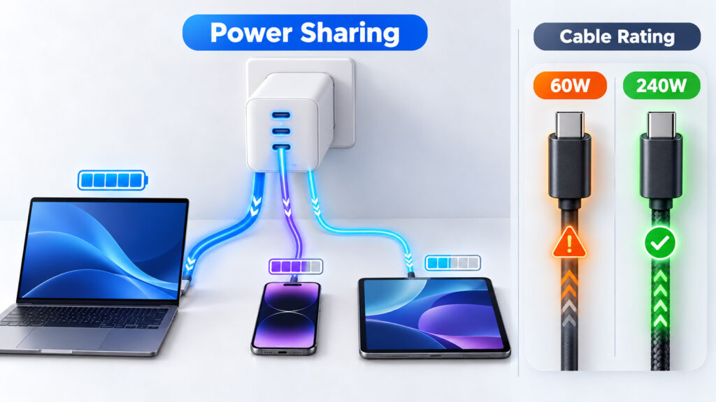 Multi-port USB-C charger diagram showing power sharing between laptop phone and tablet with 60W and 240W cable ratings