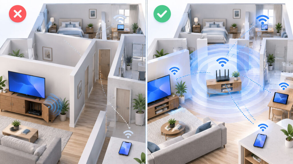 Side-by-side comparison of poor and better Wi-Fi router placement inside a home