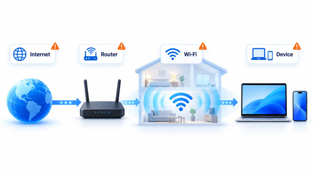 Diagram showing the internet connection, router, Wi-Fi signal, and connected device as possible causes of slow Wi-Fi