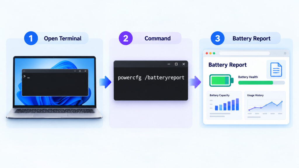 Windows 11 battery report workflow showing Command Prompt, powercfg batteryreport command, and generated battery report