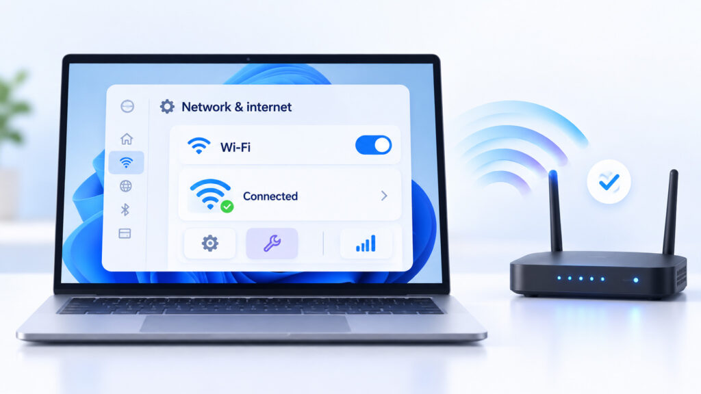 Windows 11 style network settings illustration showing Wi-Fi troubleshooting on a laptop connected to a wireless router
